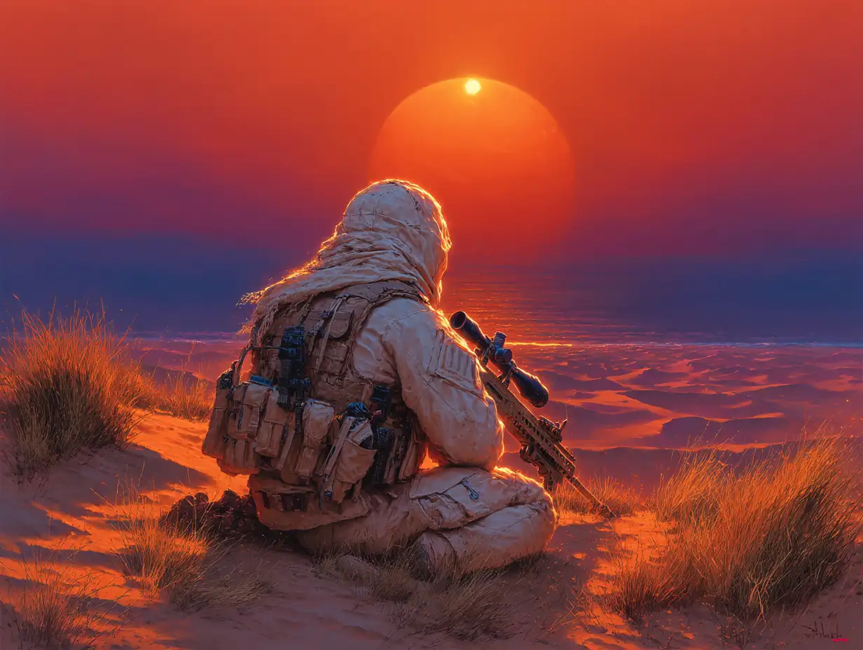 Camouflaged sniper kneeling in desert dunes, golden sunset light, wind blowing sand across rifle scope, photorealistic detail
